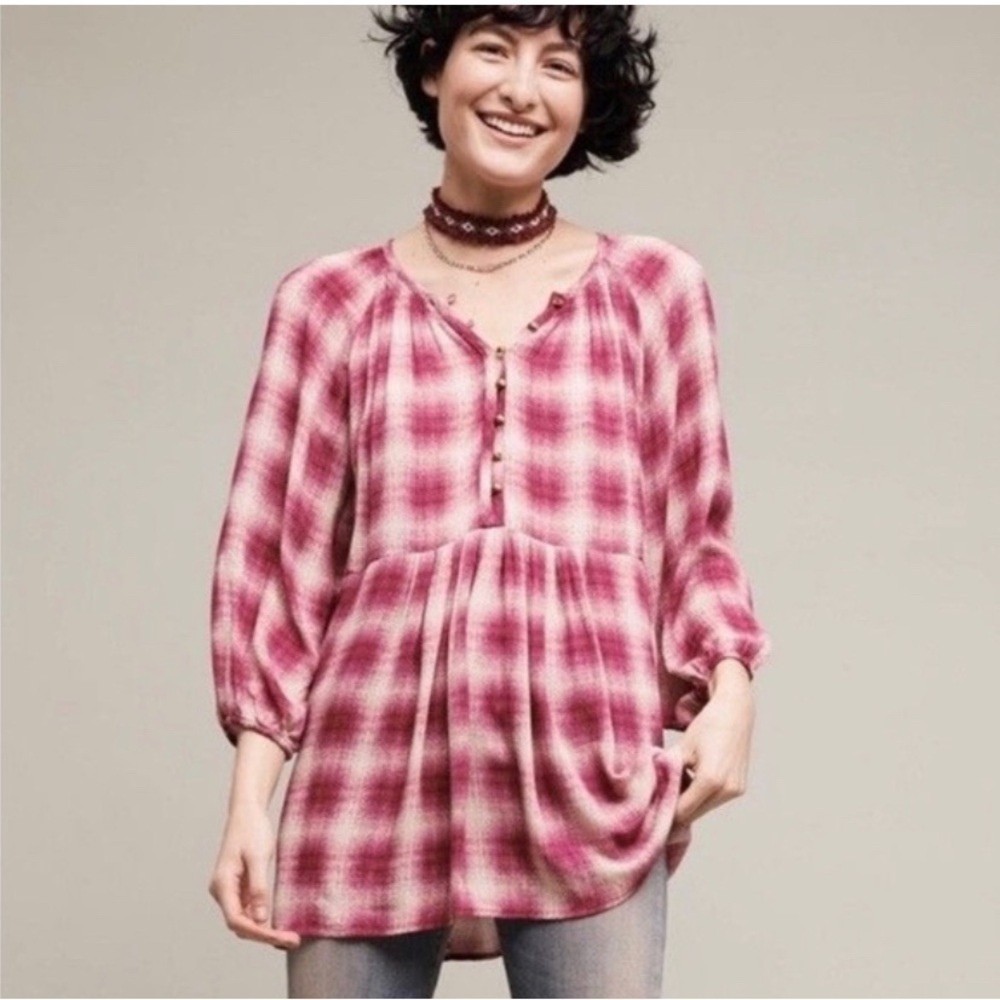 Anthropologie Maeve Shirt Size XS Peplum Pink Plaid Cavalon Boho 3/4 Sleeve